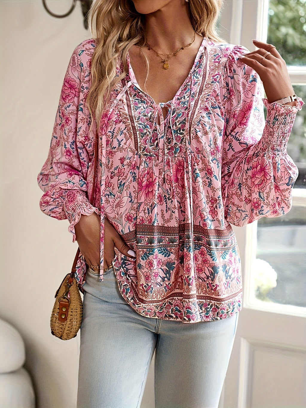 CLARA – Blusa con lazo floral y mangas abullonadas para mujer
