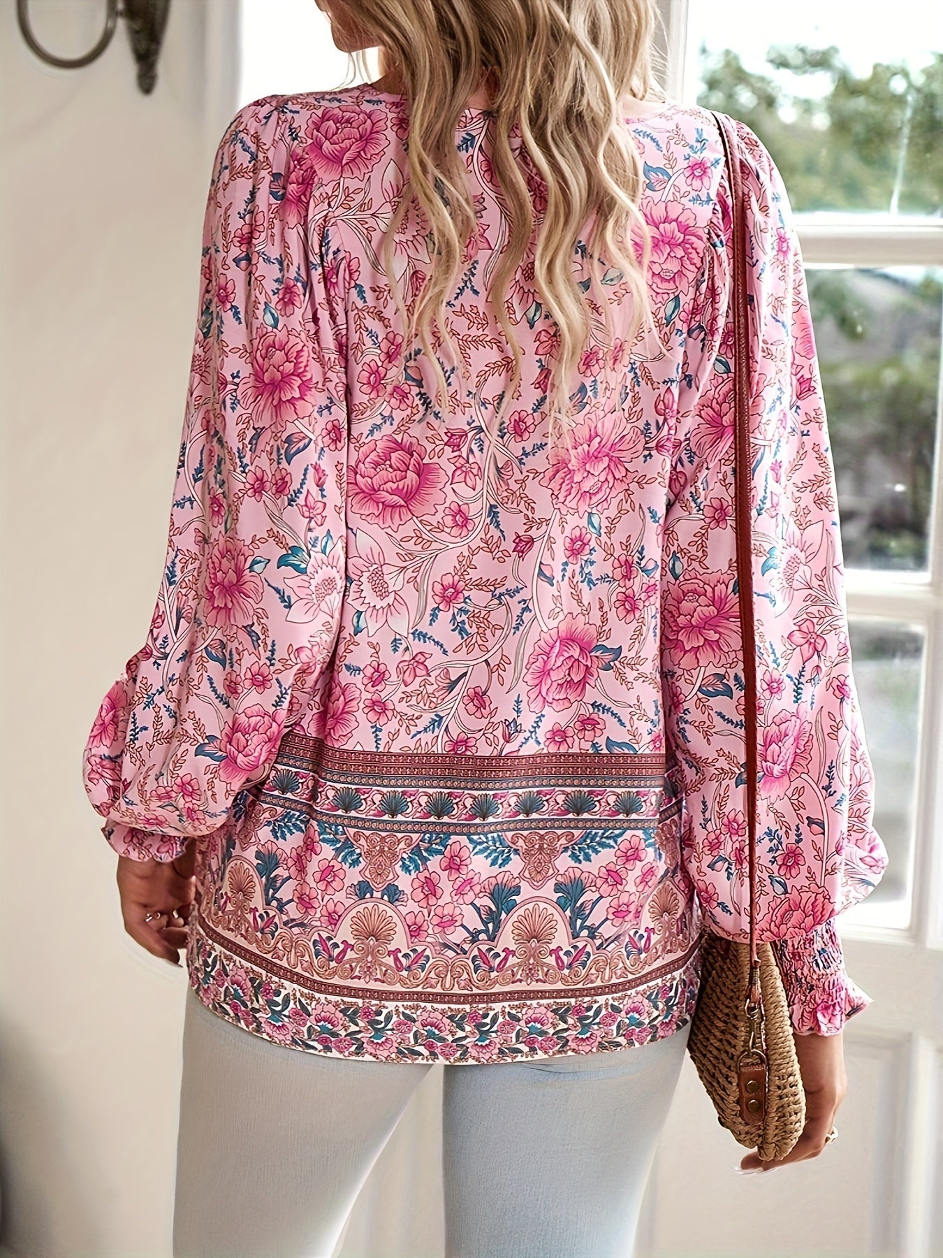 CLARA – Blusa con lazo floral y mangas abullonadas para mujer