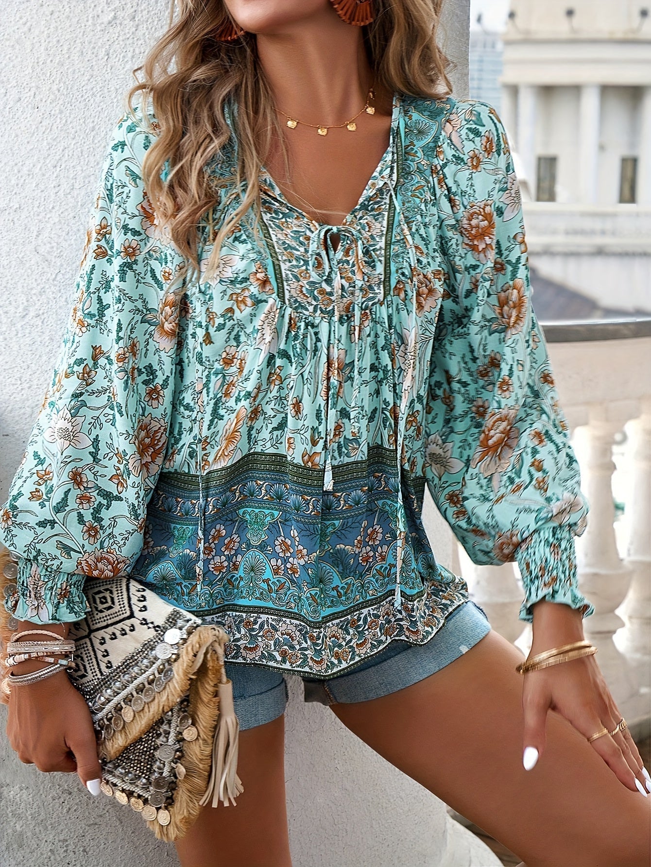CLARA – Blusa con lazo floral y mangas abullonadas para mujer