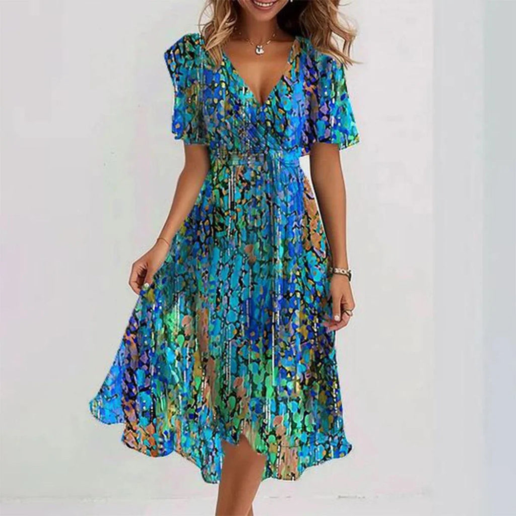 Eliora Dune | Vestido Midi Cruzado con Estampado Fluido | Elegante y Fresco para Bodas 0