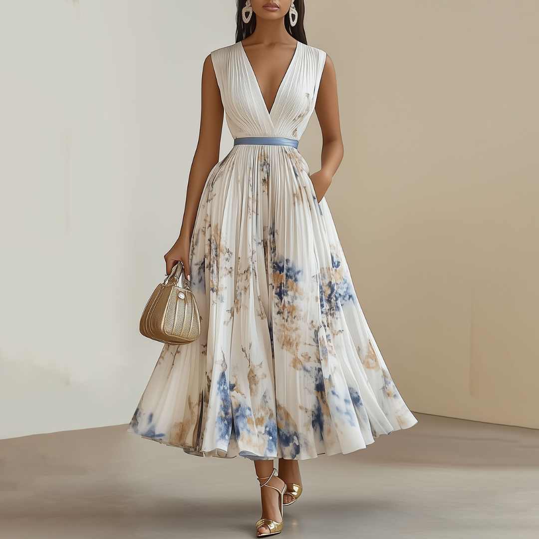 Florence Vera | Vestido Largo Floral con Escote en V y Falda Plisada | Elegante y Cómodo para Eventos Especiales 0