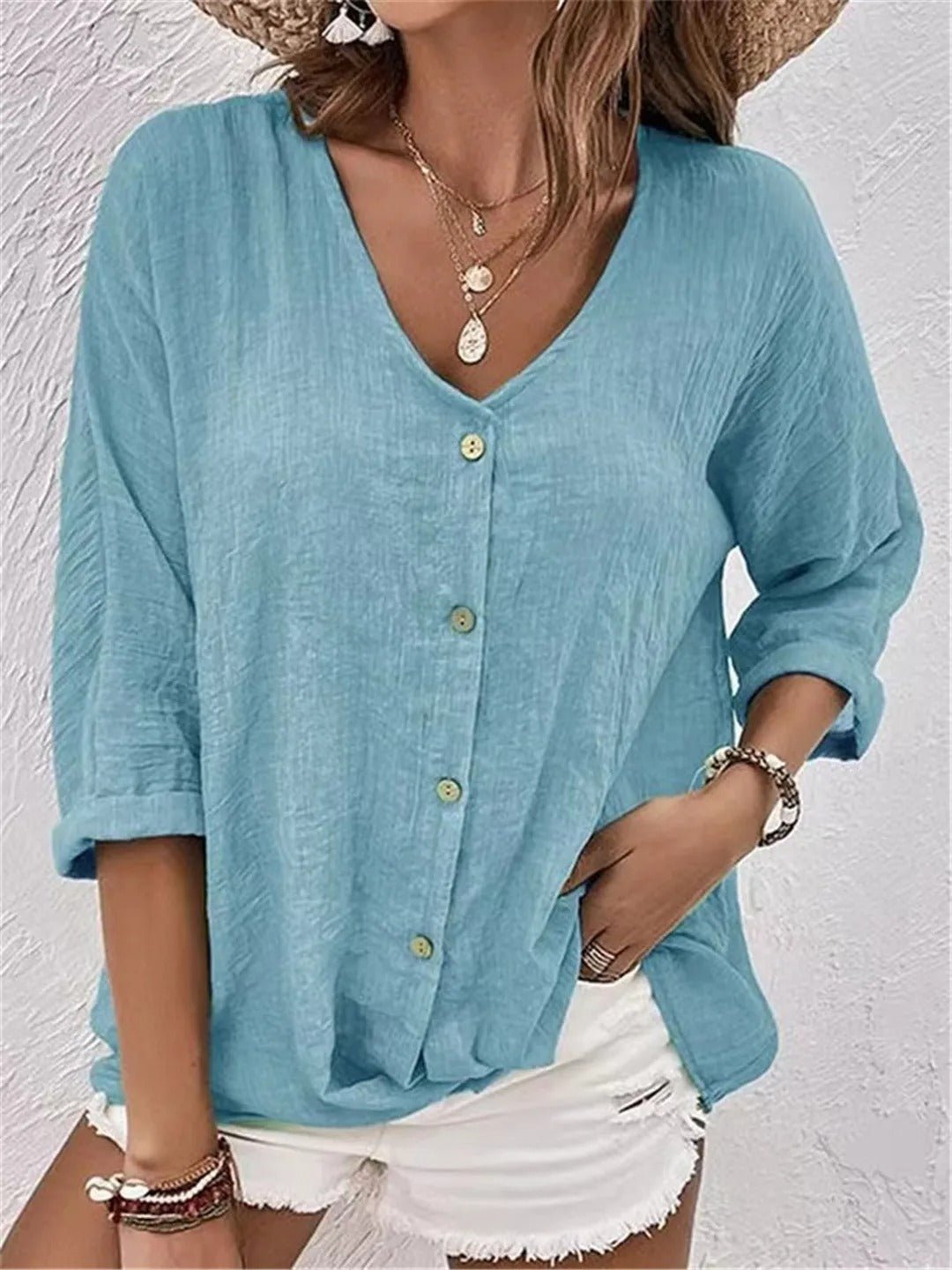 Sofía | Top de Algodón con Cuello en V y Mangas Tres Cuartos para Mujer 0