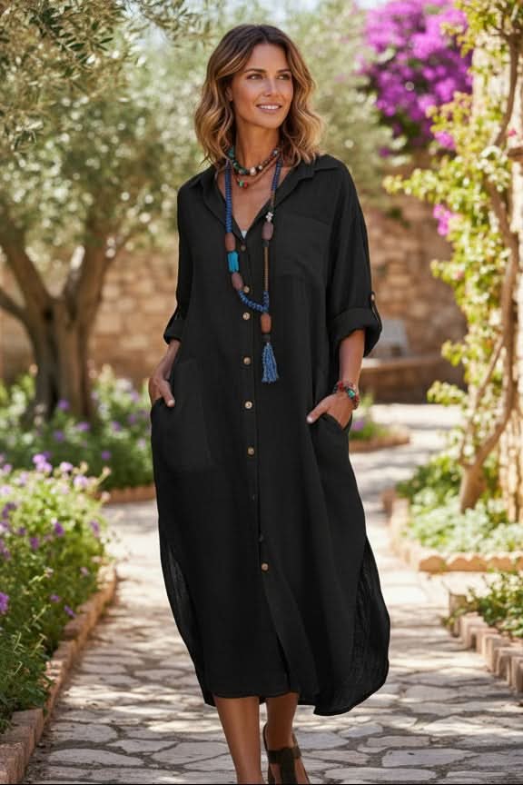 Sofía | Vestido Camisero de Lino Oversize para Mujer con Bolsillos Midi 1