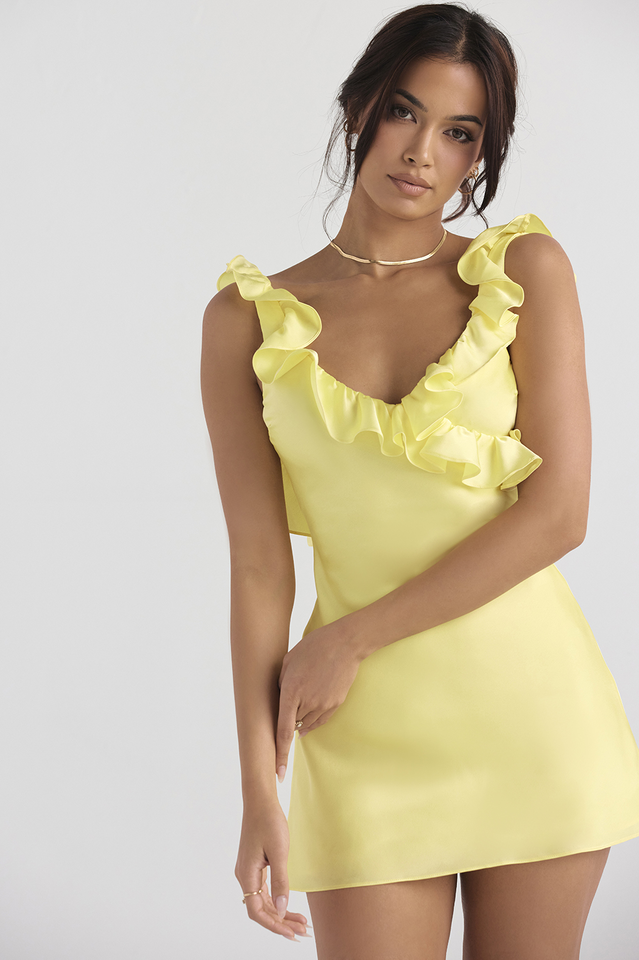 Sophie | Elegante Minivestido Amarillo de Satén con Volantes Asimétricos 5