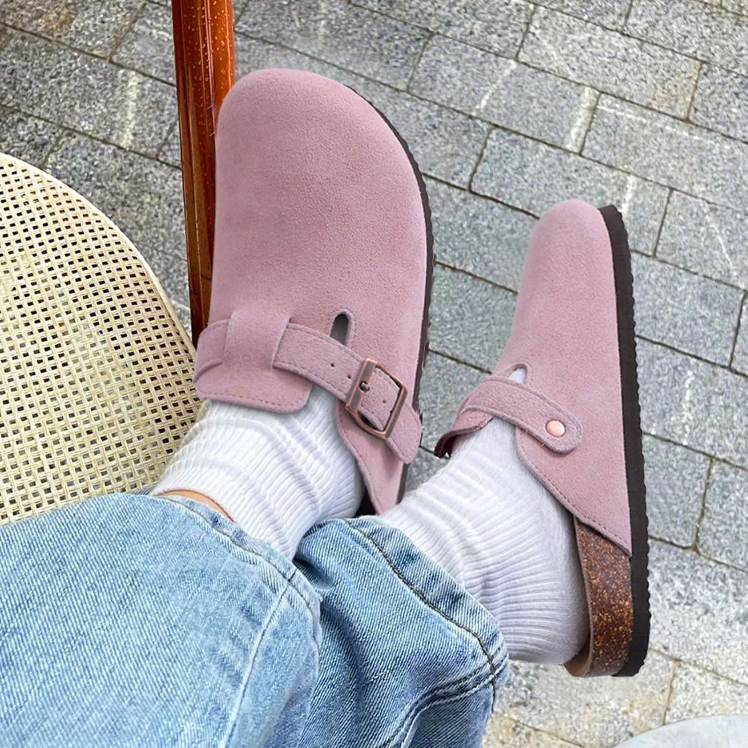 Sophie | Elegantes Sandalias Zueco de Ante Rosa 0