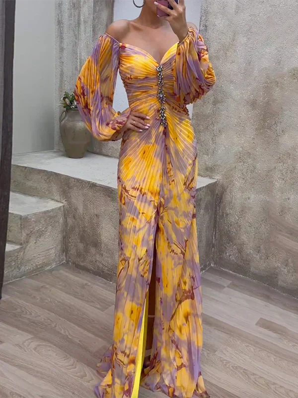 Vestido Largo Elegante con Escote en V y Mangas Abullonadas para Brillar en Cada Ocasión 0