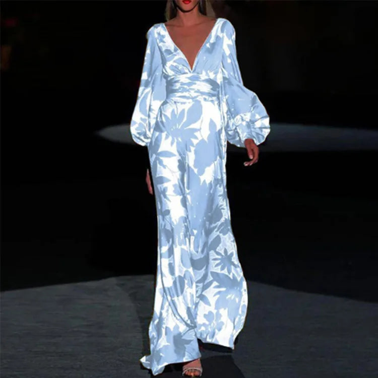 Vestido Largo Elegante con Escote en V y Mangas Largas | Ideal para Eventos de Fiesta 0