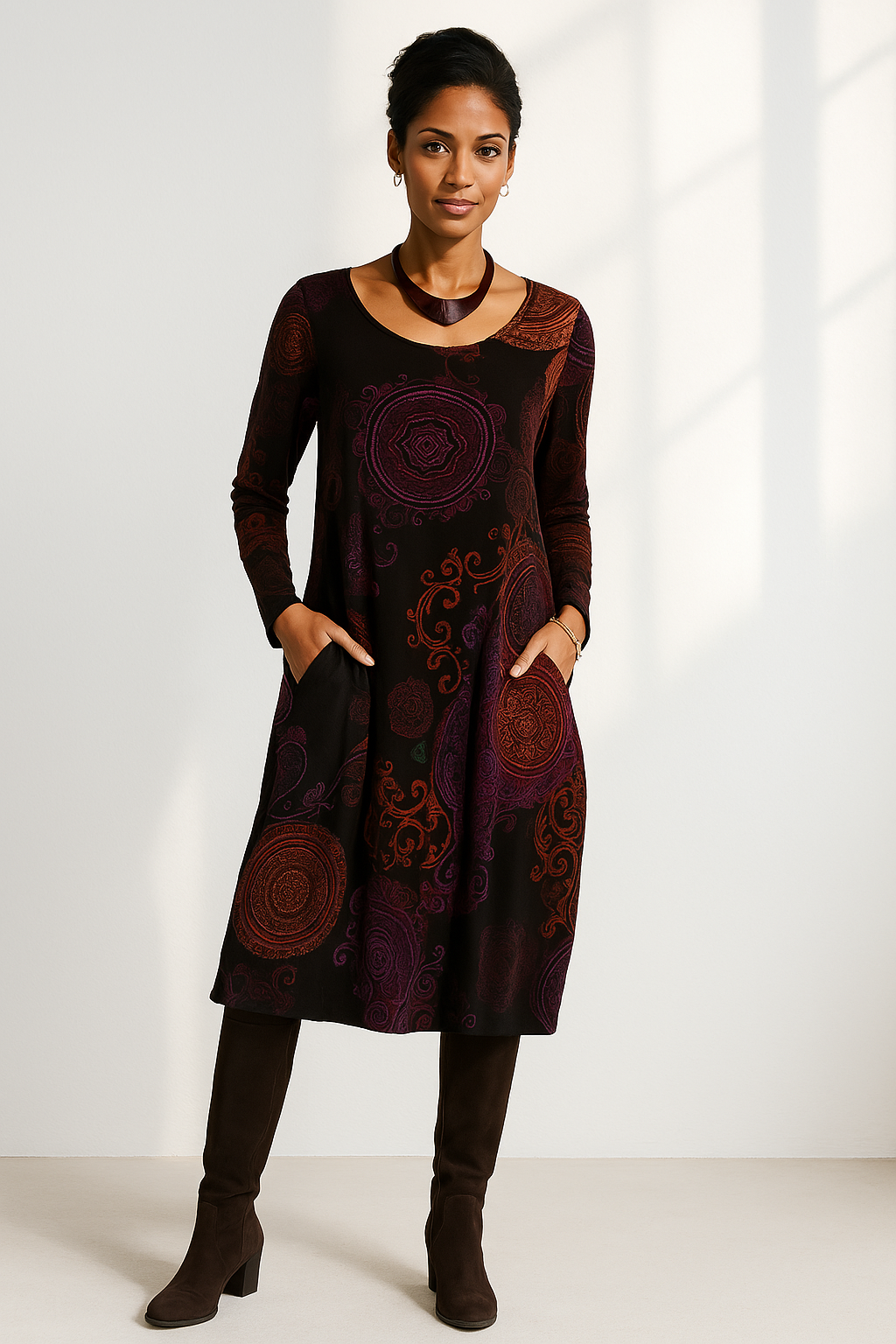 Vestido Midi Mujer con Mangas Largas y Estampado Único | Elegancia Natural para Invitadas 0