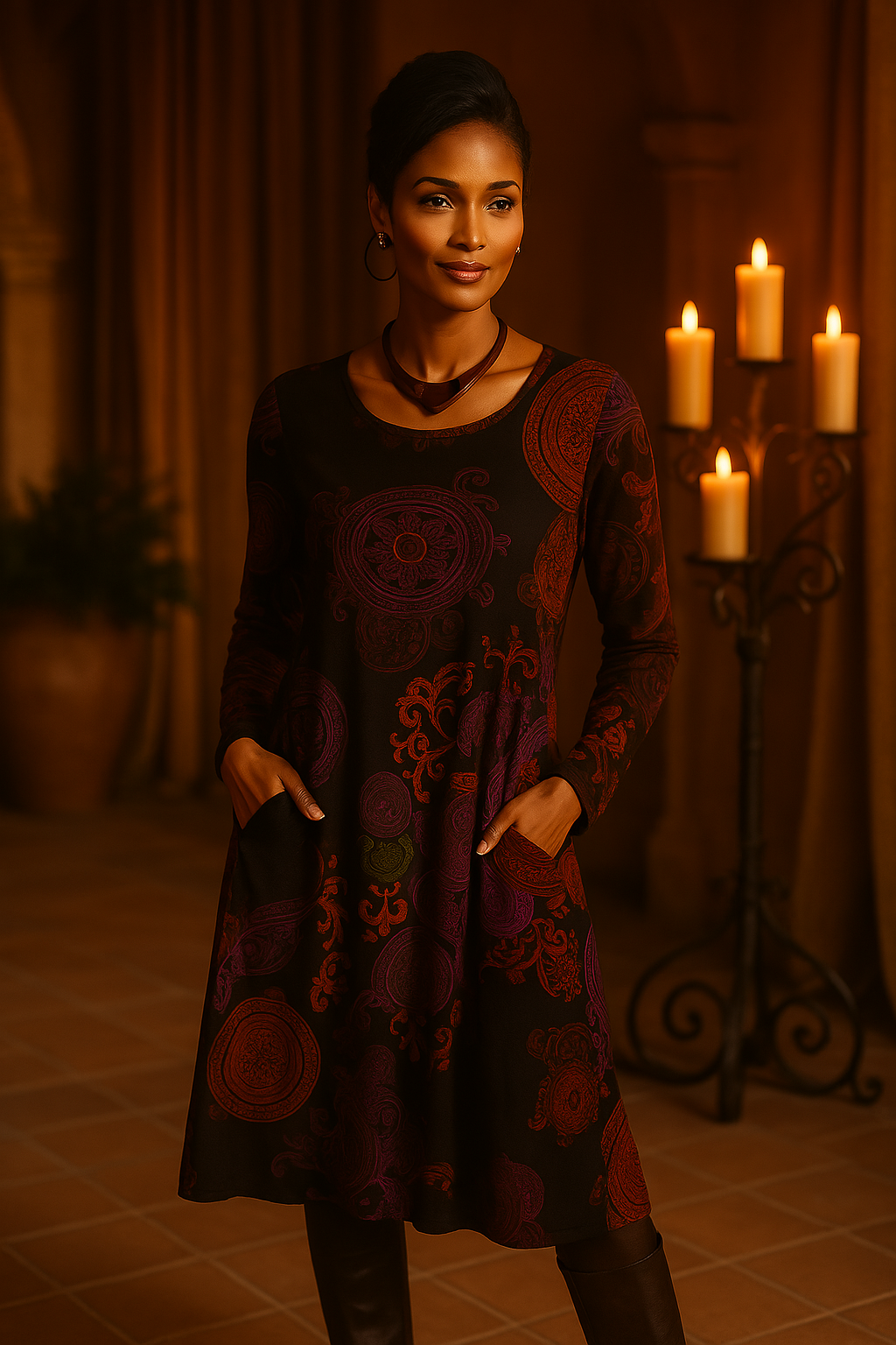 Vestido Midi Mujer con Mangas Largas y Estampado Único | Elegancia Natural para Invitadas 1