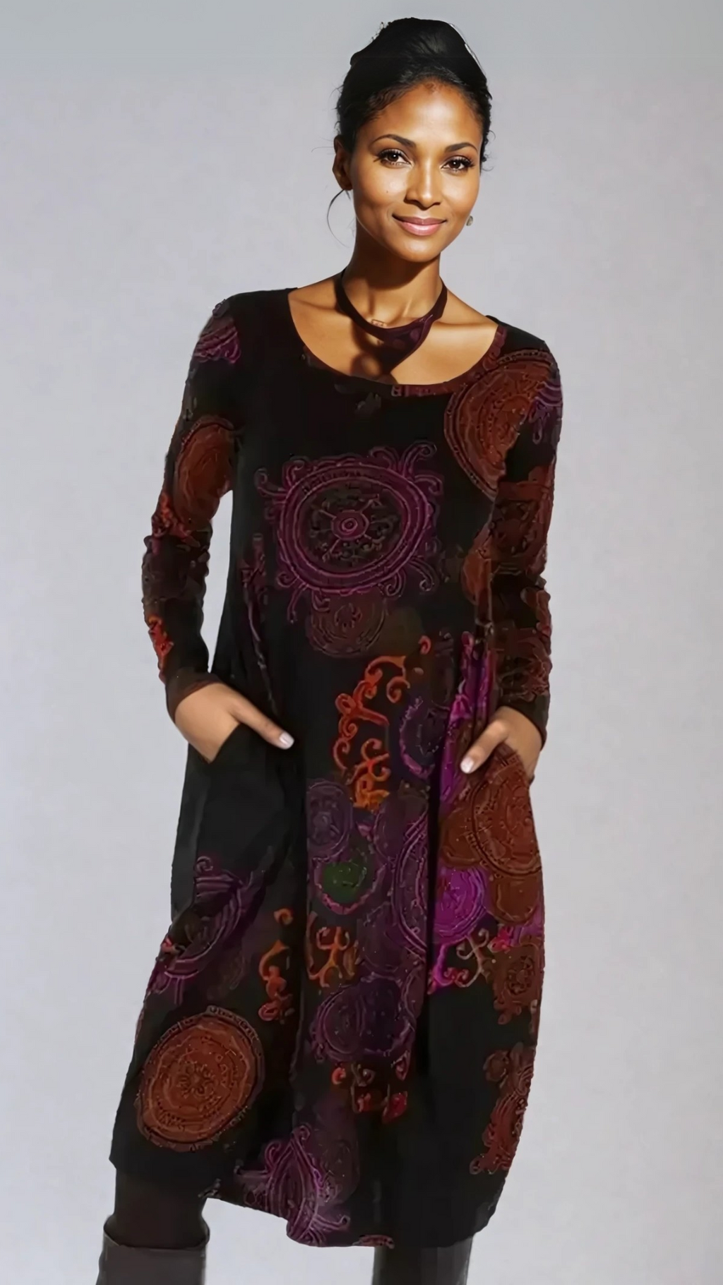 Vestido Midi Mujer con Mangas Largas y Estampado Único | Elegancia Natural para Invitadas 3