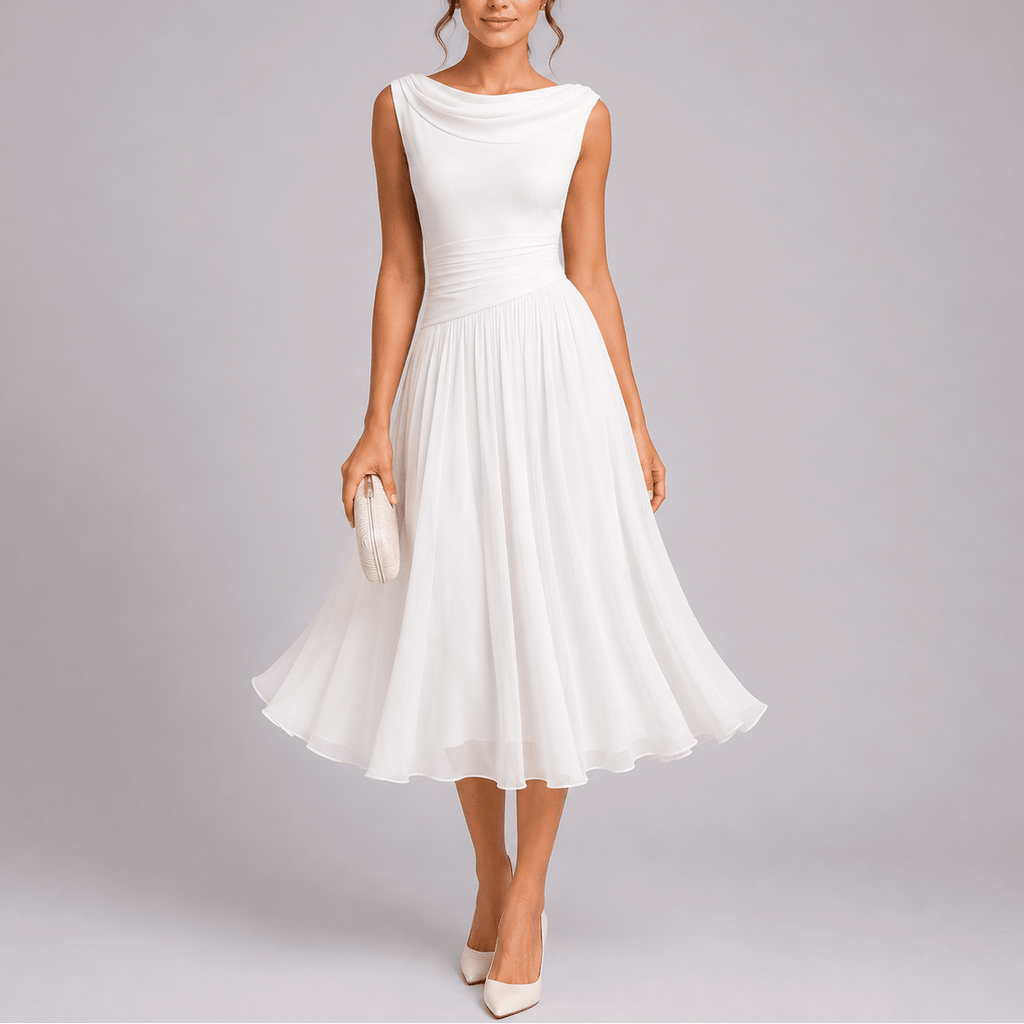 Lucía | Vestido Midi Plisado con Cuello Drapeado para Mujer - Noa Lagos