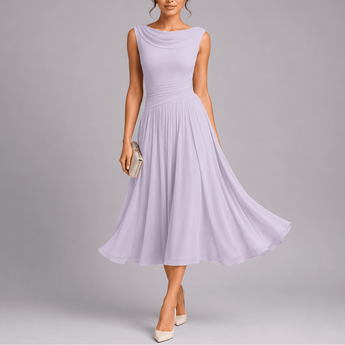 Lucía | Vestido Midi Plisado con Cuello Drapeado para Mujer - Noa Lagos