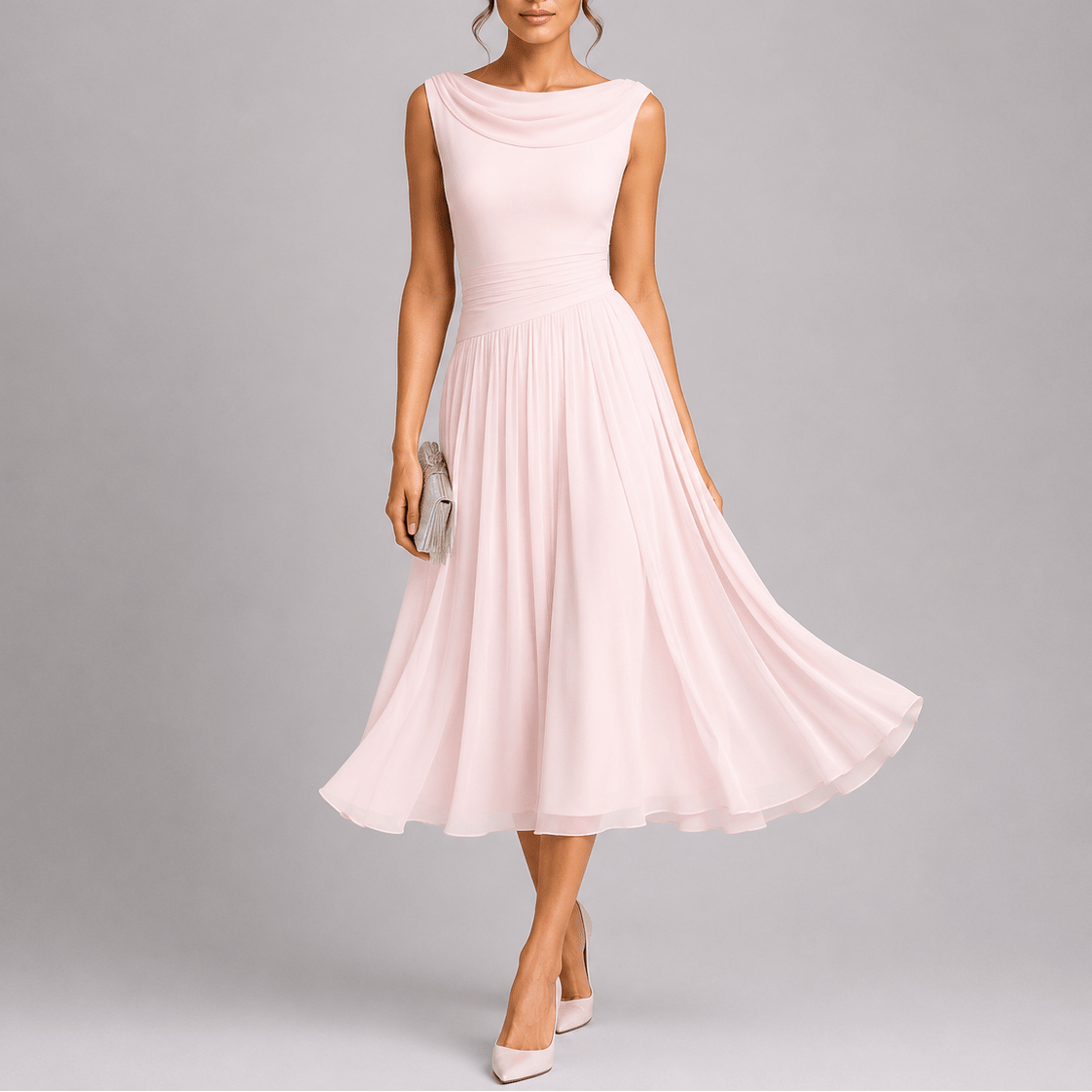 Lucía | Vestido Midi Plisado con Cuello Drapeado para Mujer - Noa Lagos