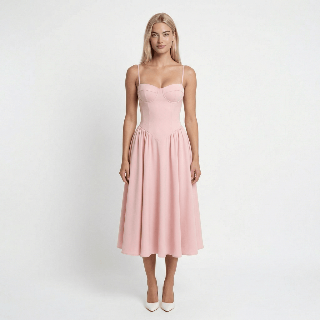 RosaElegante | Vestido Rosa Midi con Corsé y Tirantes Ajustables - Noa Lagos