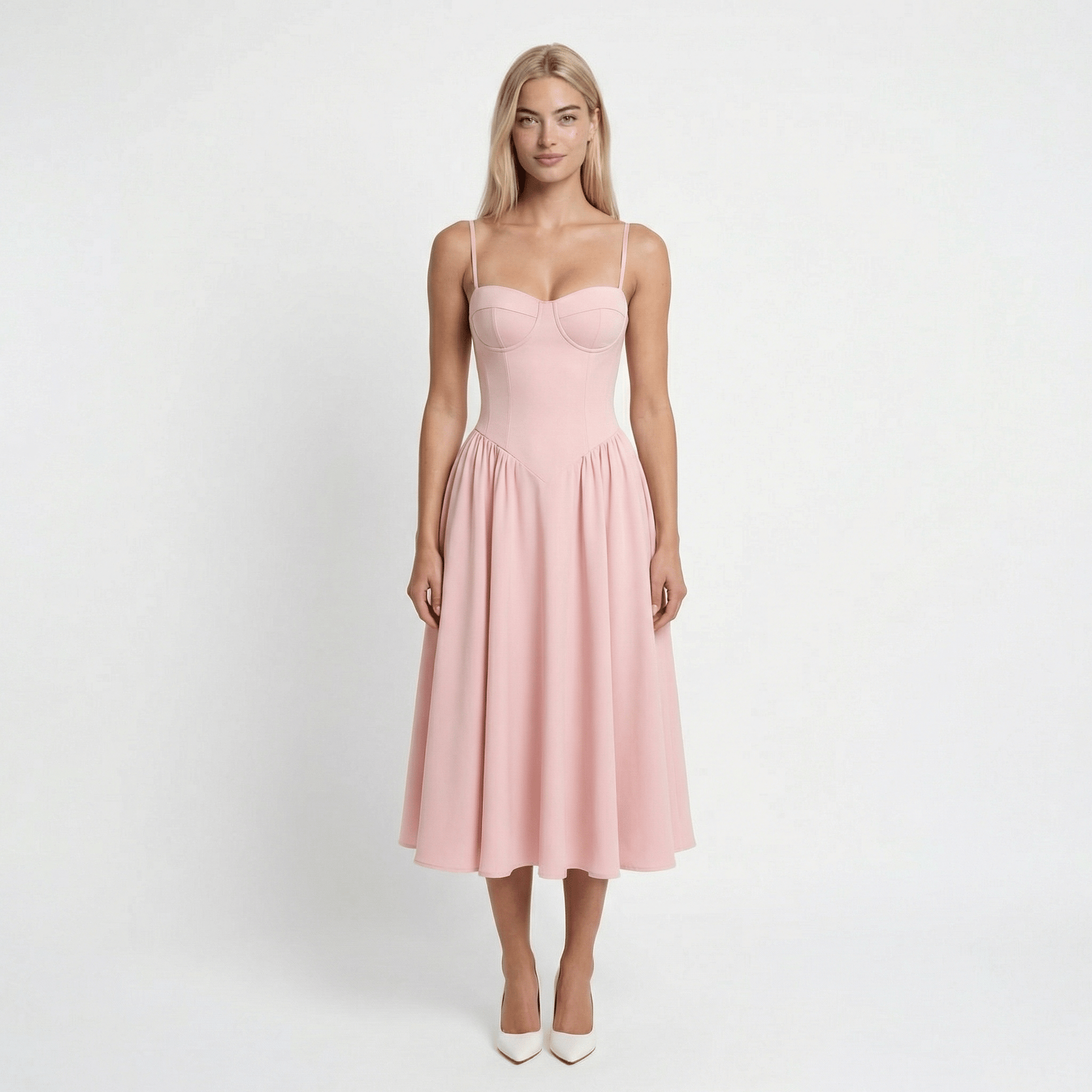 RosaElegante | Vestido Rosa Midi con Corsé y Tirantes Ajustables - Noa Lagos