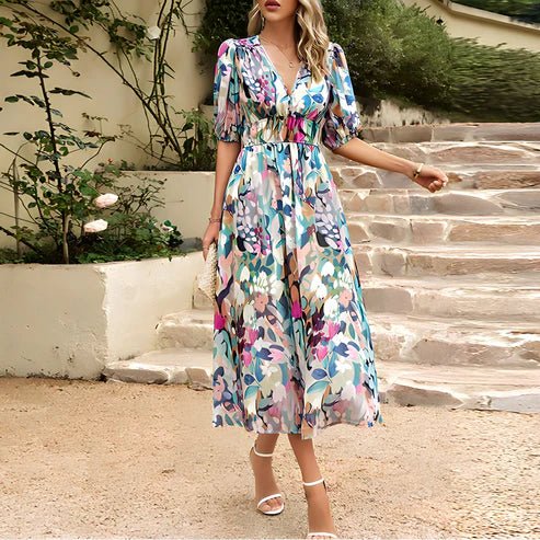Sofia | Elegante Vestido Midi con Manga Abullonada y Escote en V para Mujer - Noa Lagos