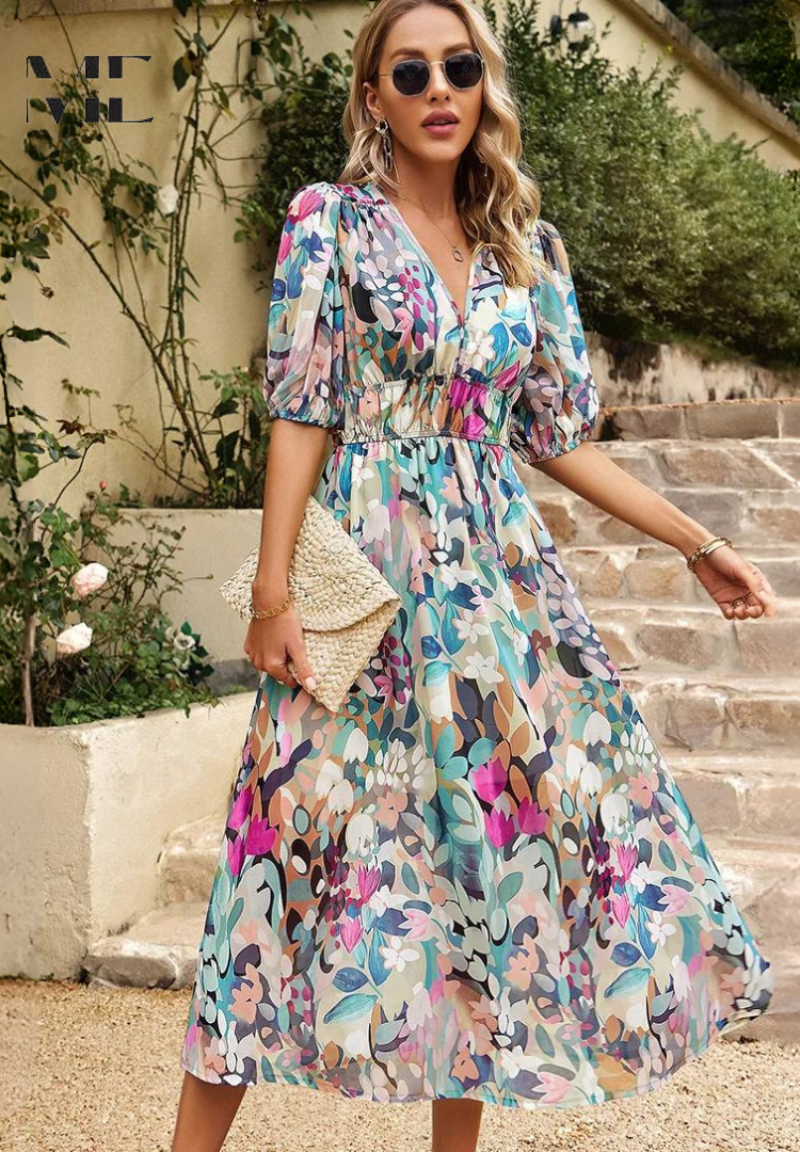 Sofia | Elegante Vestido Midi con Mangas Abullonadas para Invitada - Noa Lagos
