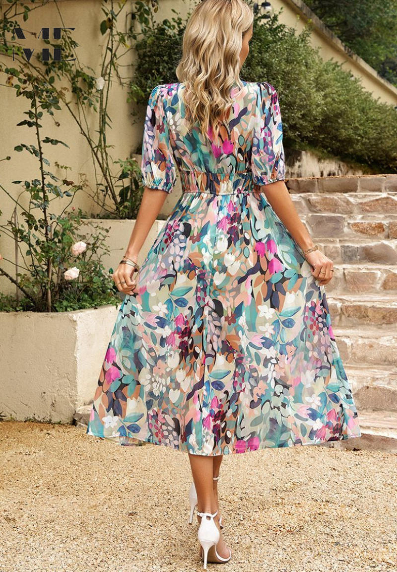 Sofia | Elegante Vestido Midi con Mangas Abullonadas para Invitada - Noa Lagos