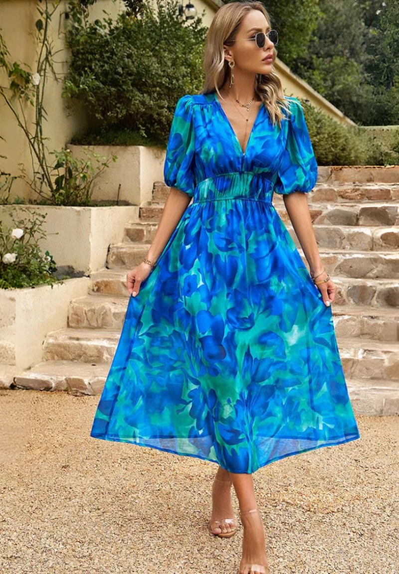 Sofia | Elegante Vestido Midi con Mangas Abullonadas para Invitada - Noa Lagos