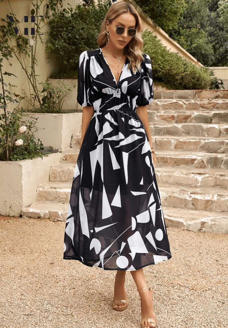Sofia | Elegante Vestido Midi con Mangas Abullonadas para Invitada - Noa Lagos
