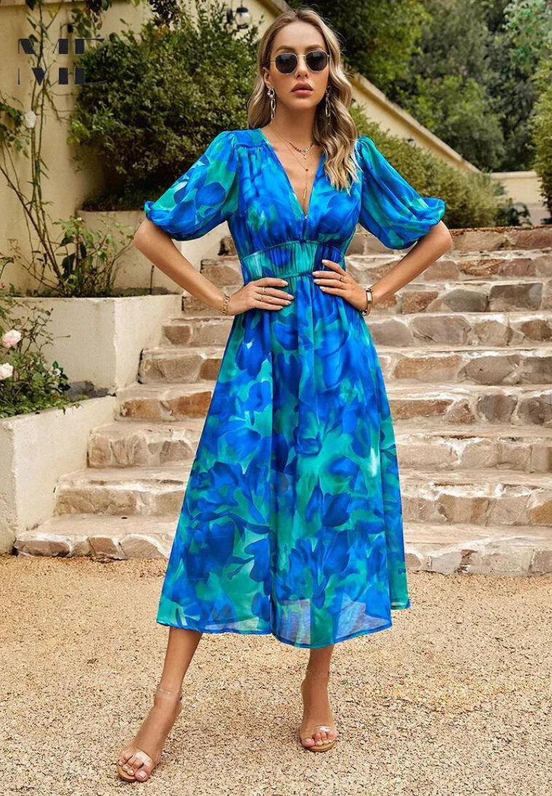 Sofia | Elegante Vestido Midi con Mangas Abullonadas para Invitada - Noa Lagos