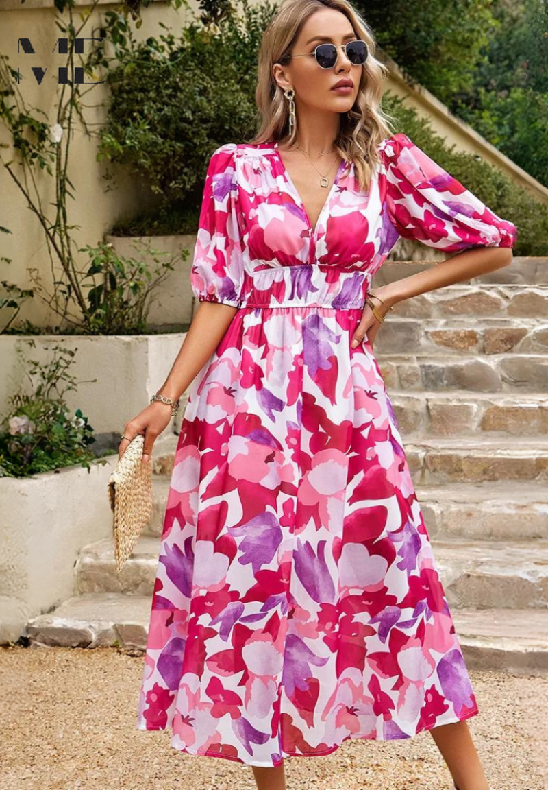 Sofia | Elegante Vestido Midi con Mangas Abullonadas para Invitada - Noa Lagos