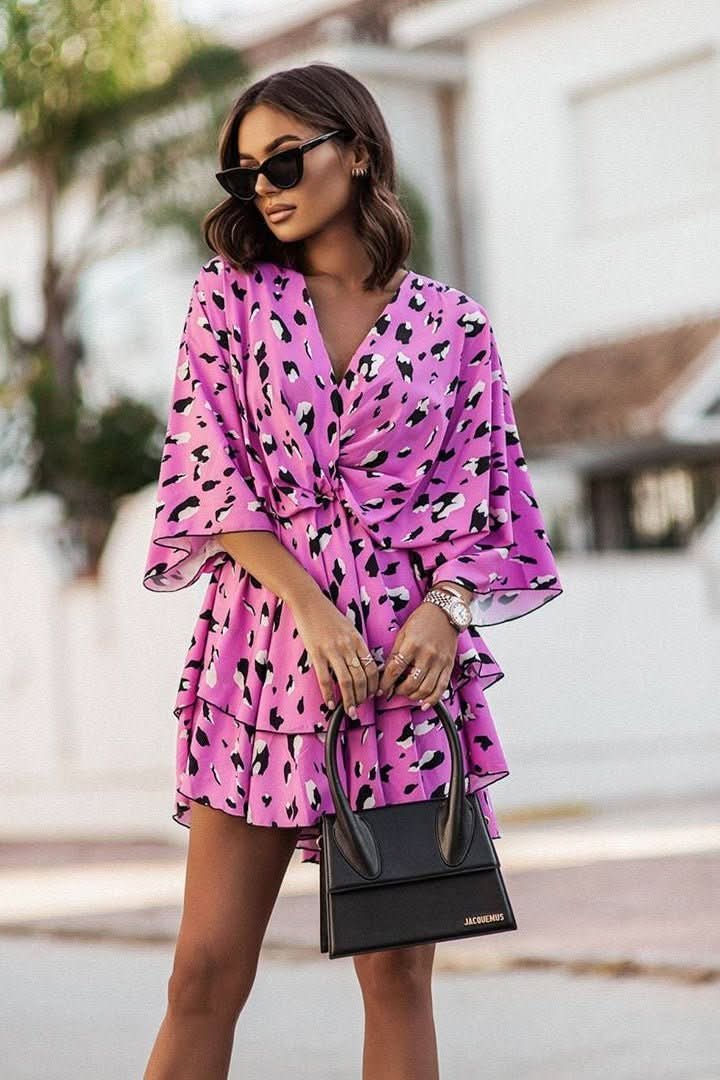 Valentina | Minivestido de cóctel con estampado tropical para mujer con falda escalonada - Noa Lagos