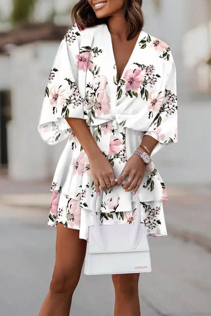 Valentina | Minivestido de cóctel con estampado tropical para mujer con falda escalonada - Noa Lagos