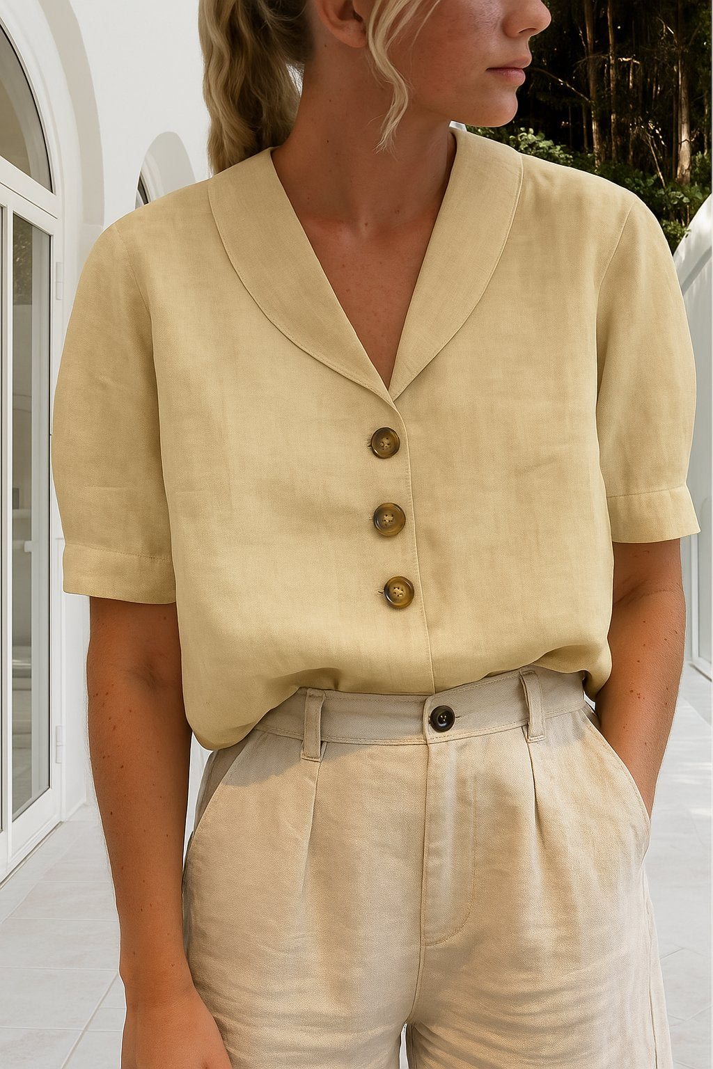 LUCÍA – Blusa de manga corta con cuello camisero para mujer