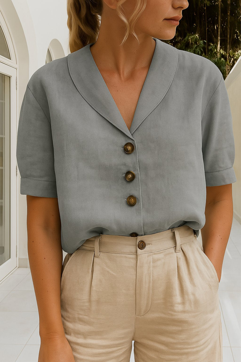 LUCÍA – Blusa de manga corta con cuello camisero para mujer