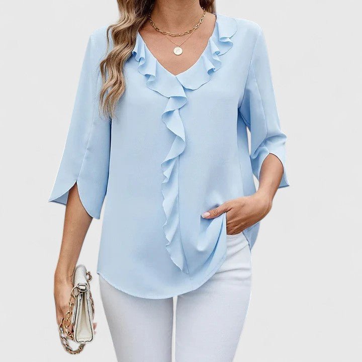 CARLA – Blusa de gasa con escote en V y volantes para mujer