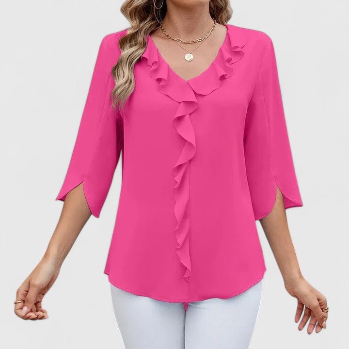 CARLA – Blusa de gasa con escote en V y volantes para mujer
