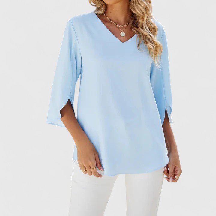 CARLA – Blusa de gasa con escote en V y volantes para mujer