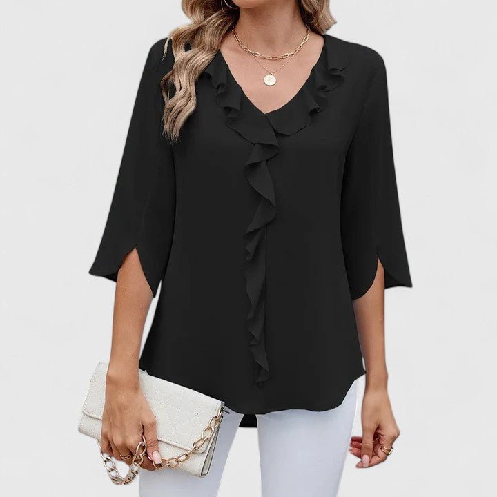 CARLA – Blusa de gasa con escote en V y volantes para mujer