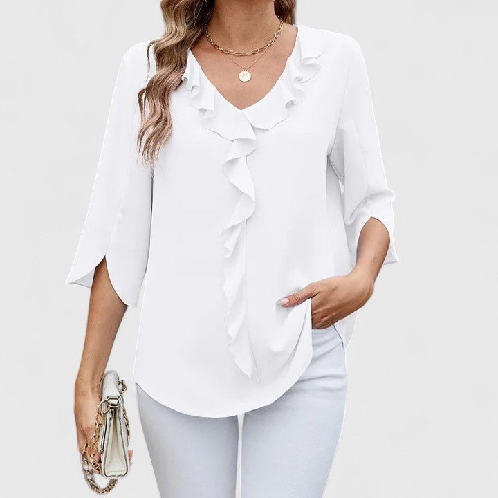 CARLA – Blusa de gasa con escote en V y volantes para mujer