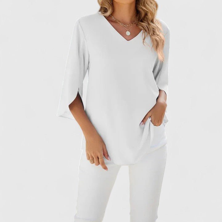 CARLA – Blusa de gasa con escote en V y volantes para mujer